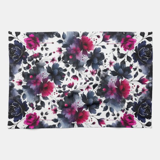 Magenta Pink & Blue Inky Blumenfarbe Geschirrtuch (Horizontal)