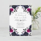 Magenta Pink & Blue Inky Wasserfarbenhochzeit Einladung (Stehend Vorderseite)