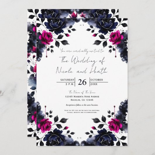 Magenta Pink & Blue Inky Wasserfarbenhochzeit Einladung (Vorne/Hinten)
