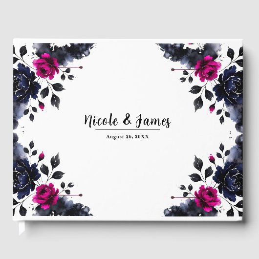 Magenta Pink & Blue Inky Wasserfarbenhochzeit Gästebuch (Vorderseite)