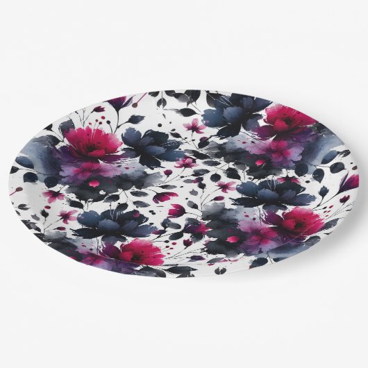 Magenta Pink & Blue Inky Wasserfarbenhochzeit Pappteller (Schrägansicht)