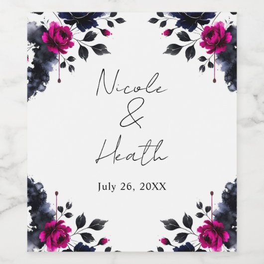 Magenta Pink & Blue Inky Wasserfarbenhochzeit Weinetikett (Einzelnes Label)