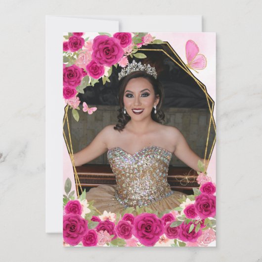 Magenta Pink Blumenprinzessin Quinceañera Foto Einladung (Rückseite)