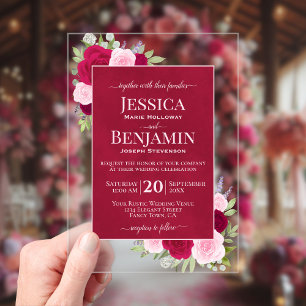 Magenta & Pink Boho Rosen Stylische Text Hochzeit Acryleinladungen