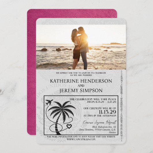 Magenta Pink Cancun Passport Wedding Einladung (Vorne/Hinten)