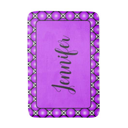 Magenta Pink Dots Schwarz-weiß Lattice Muster Name Badematte (Vorderseite Vertikal)