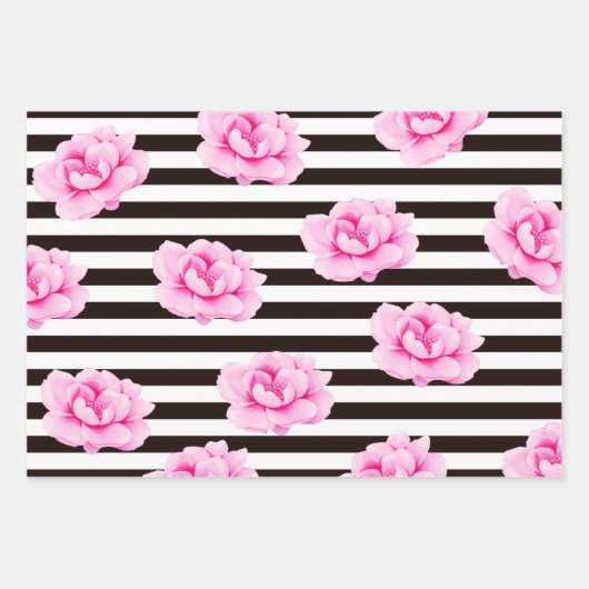 Magenta Pink Floral Stripe Wrapping Paper Set 3 Geschenkpapier Set (Vorderseite)