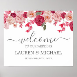 Magenta Pink Floral Wedding Welcome sign Poster