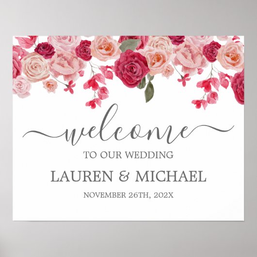 Magenta Pink Floral Wedding Welcome sign Poster (Vorne)