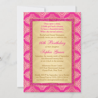 Magenta Pink, Gold Damask 16. Geburtstag Einladung