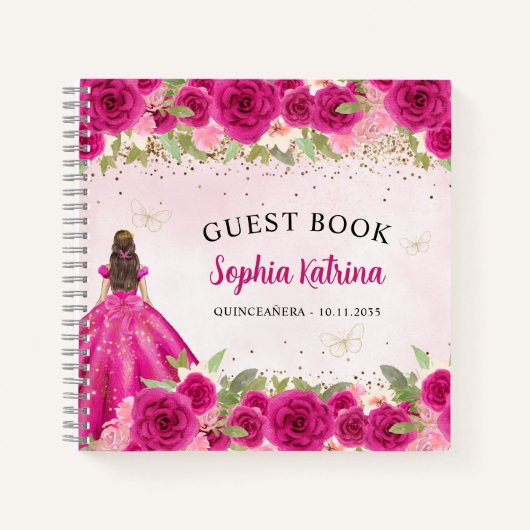 Magenta Pink Gold Floral Prinzessin Quinceañera Notizblock (Vorderseite)