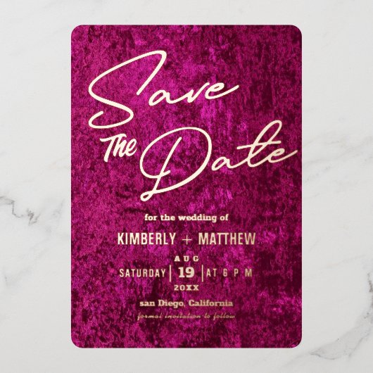 Magenta pink gold Save the Date Hochzeit Folieneinladung (Vorderseite)