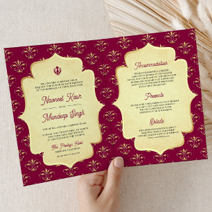 Magenta Pink Gold Verziert Anand Karaj Sikh Weddin Einladung