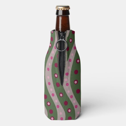 Magenta Pink Green Springtime Polka Dot Gemustert Flaschenkühler (Flasche Rückseite)