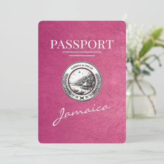 Magenta Pink Jamaica Passport Save the Date (Stehend Vorderseite)