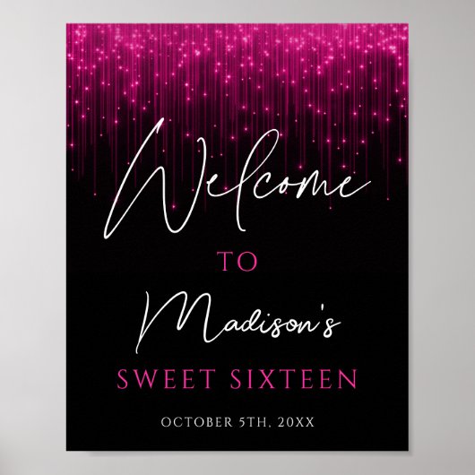Magenta Pink Lights Black Sweet 16 Willkommen Poster (Vorne)
