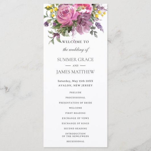 Magenta Pink Lila Blumengrün Boho Wedding Programm (Vorderseite)