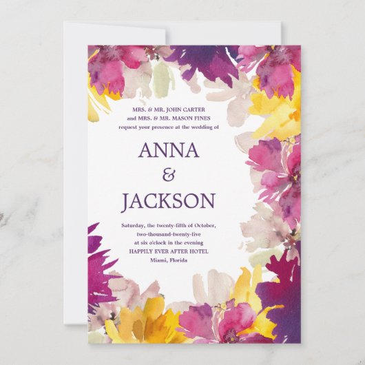 Magenta Pink Lila Foral Botanischer Garten Hochzei Einladung (Vorderseite)