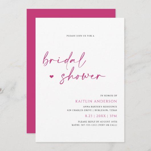 Magenta Pink Modern Handwriting Brautparty Einladung (Vorne/Hinten)