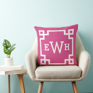 Magenta Pink Monogram   Griechischer Schlüssel Kissen