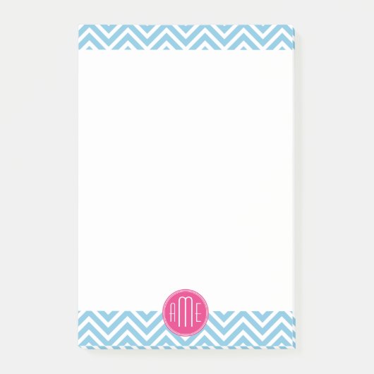 Magenta Pink Monogramm mit hellblauem Zickzack Post-it Klebezettel (Vorderseite)