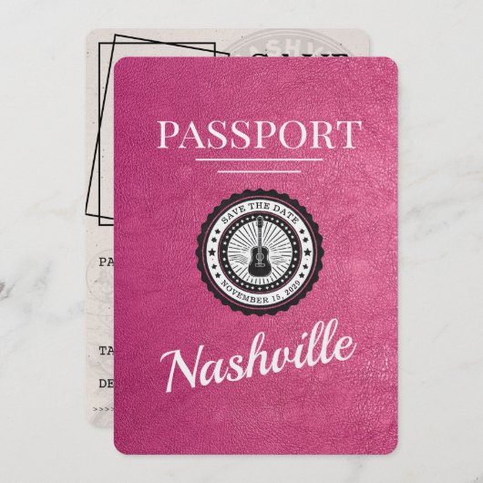 Magenta Pink Nashville Passport Save the Date (Vorne/Hinten)