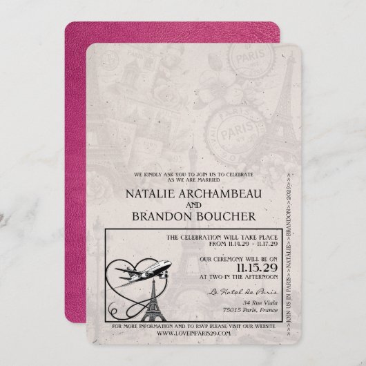 Magenta Pink Paris Passport Wedding Einladung (Vorne/Hinten)