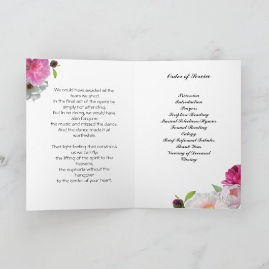 Magenta Pink Peony Funerary Program Programm (Innenseite)
