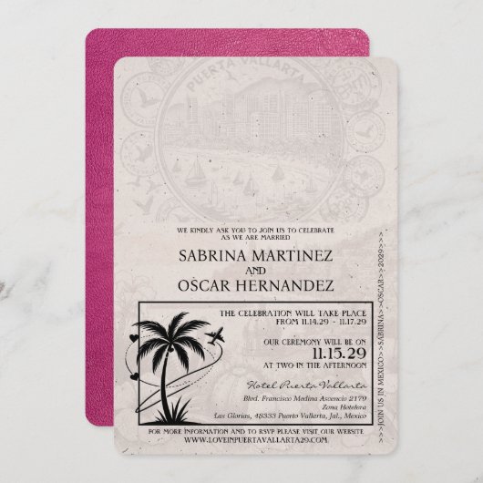 Magenta Pink Puerta Vallarta Passport Wedding Einladung (Vorne/Hinten)