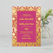 Magenta Pink Real Gold Damask Hochzeit Folieneinladung (Stehend vorne)