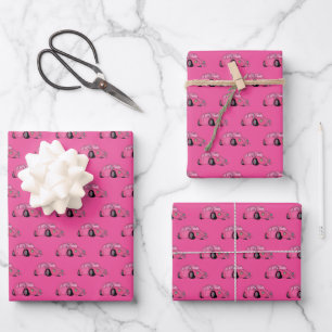 Magenta Pink Retro Klassisches Automuster Geschenkpapier Set