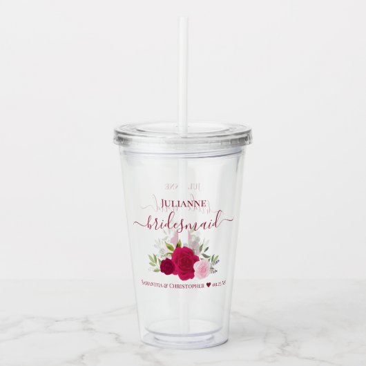 Magenta Pink Roses Elegant Bridesmaid Wedding Acryltrinkbecher (Vorderseite)