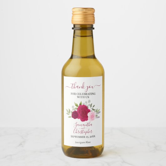 Magenta Pink Roses Elegant Wedding Danke Mini Weinetikett (Vorderseite)