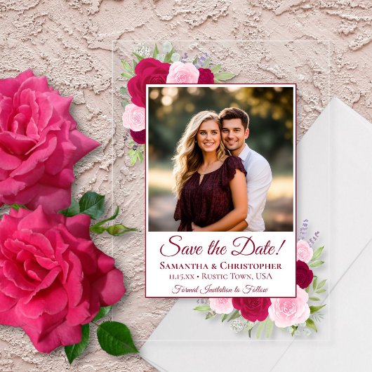 Magenta Pink Roses & Foto Hochzeit Speichern Sie d Acryleinladungen