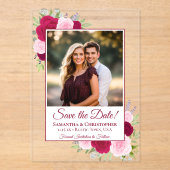 Magenta Pink Roses & Foto Hochzeit Speichern Sie d Acryleinladungen (Vorderseite)