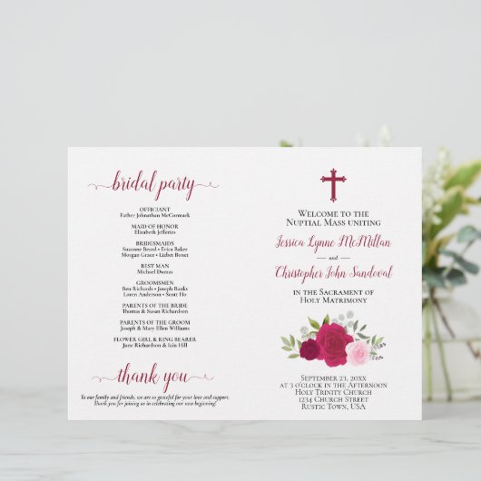 Magenta & Pink Roses Katholisches Hochzeitsprogram (Stehend Vorderseite)