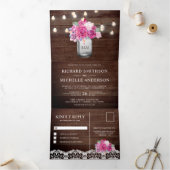Magenta Pink Roses Mason Jar String Lights Wedding Dreifach Gefaltete Einladung (Innenseite)