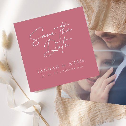 Magenta Pink Script Typografy Foto Wedding Save The Date
