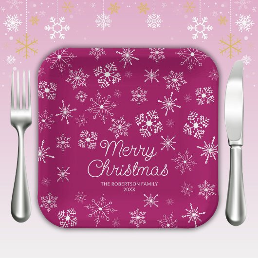 Magenta Pink Snowflakes Weihnachts-Party Pappteller