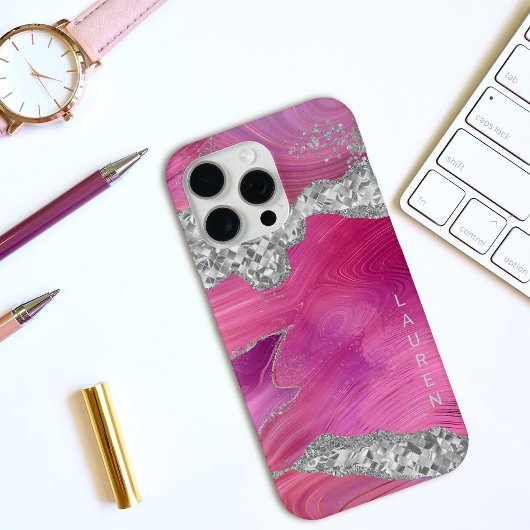 Magenta Pink Swirl Agate Geode Silver Glitzer Case-Mate iPhone Hülle