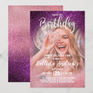 Magenta Pink Triple Glitzer Ombre Foto Geburtstag Einladung