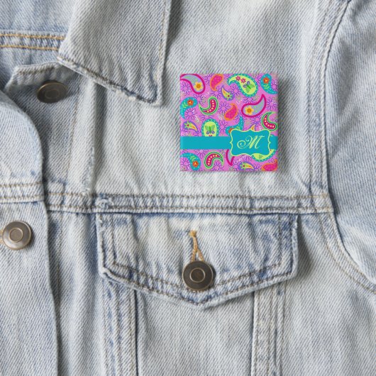 Magenta Pink Turquoise Modern Paisley Monogram Button (Beispiel)