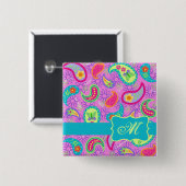 Magenta Pink Turquoise Modern Paisley Monogram Button (Vorne & Hinten)