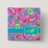 Magenta Pink Turquoise Modern Paisley Monogram Button (Vorderseite)