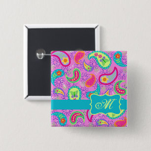 Magenta Pink Turquoise Modern Paisley Monogram Button