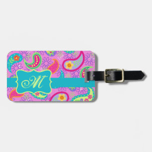 Magenta Pink Turquoise Modern Paisley Monogram Gepäckanhänger