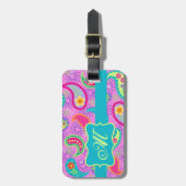 Magenta Pink Turquoise Modern Paisley Monogram Gepäckanhänger (Vorderseite vertikal)