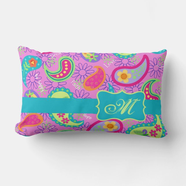 Magenta Pink Turquoise Modern Paisley Monogram Lendenkissen (Vorderseite)