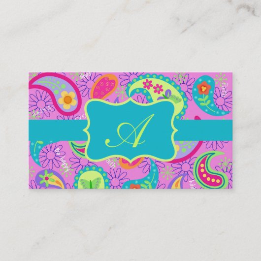 Magenta Pink Turquoise Modern Paisley Monogram Visitenkarte (Vorderseite)