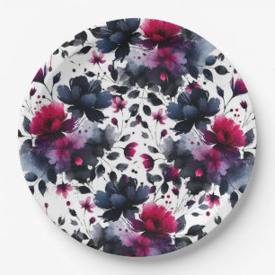 Magenta Pink- und Blaue Tintenblumen-Aquarell-Hoch Pappteller